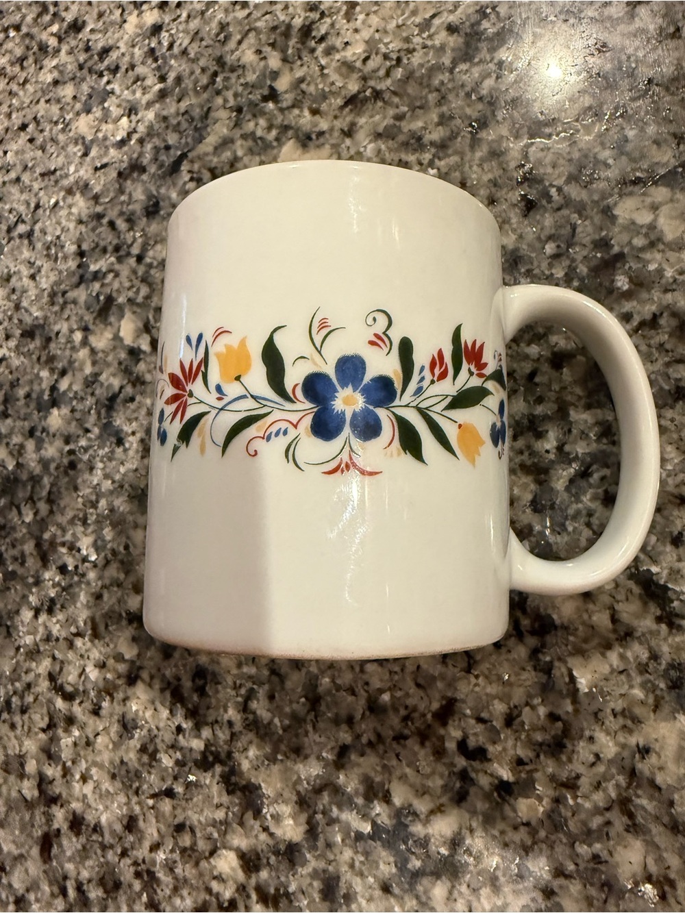 Vintage White Ceramic Mug with Blue Floral Design